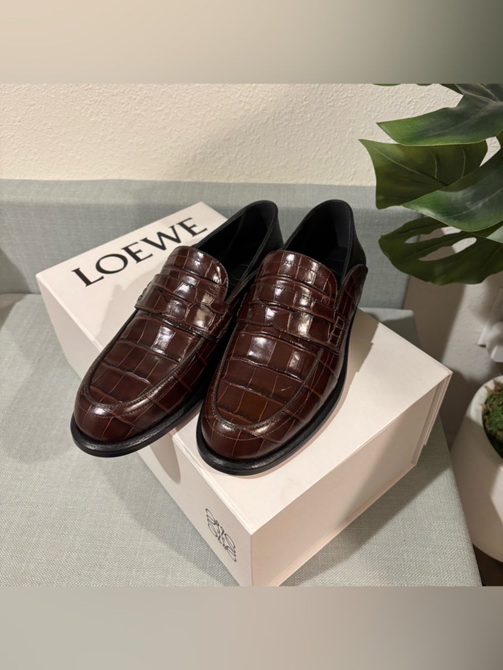 BNIB Loewe Croc Embossed Slip-On Loafers Marron/NegroEU 36 US W6/M4.5 AUTHENTIC
